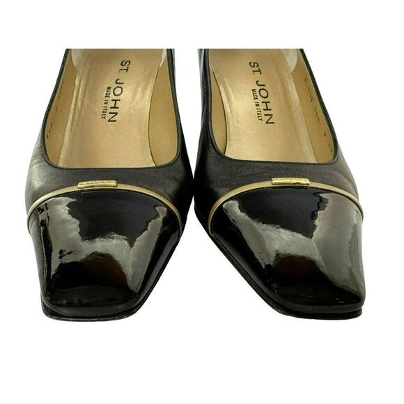 St. John Vtg Black Leather Square Patent Toe Block Heel Pumps 7.5M Made in Italy - Picture 2 of 10